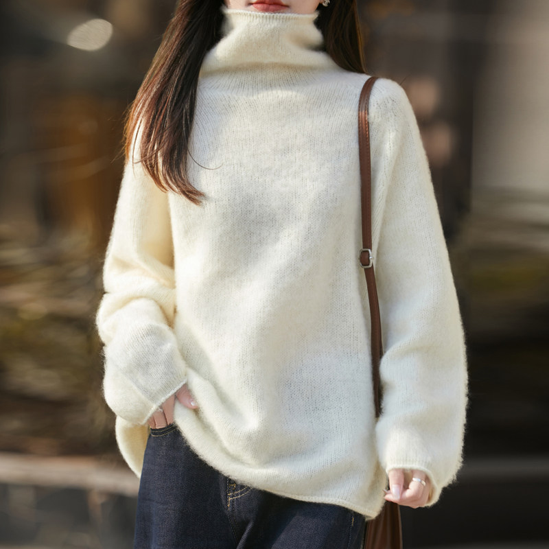 高级感花纱堆堆领拉绒羊毛衫女高领宽松套头拉毛毛衣慵懒风针织衫