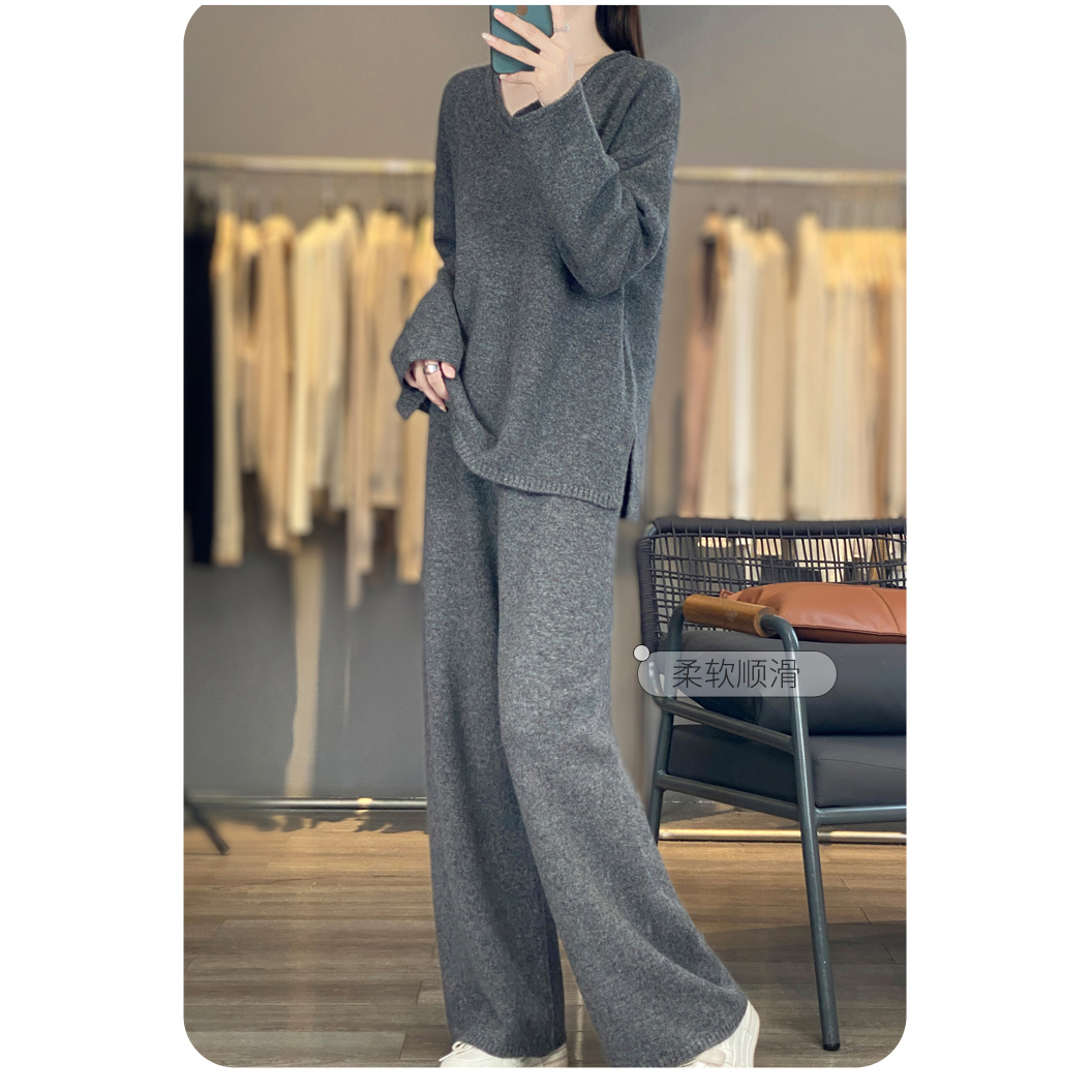 秋冬纯羊毛套装女V领针织羊毛衫阔腿裤时尚两件套洋气宽松显瘦