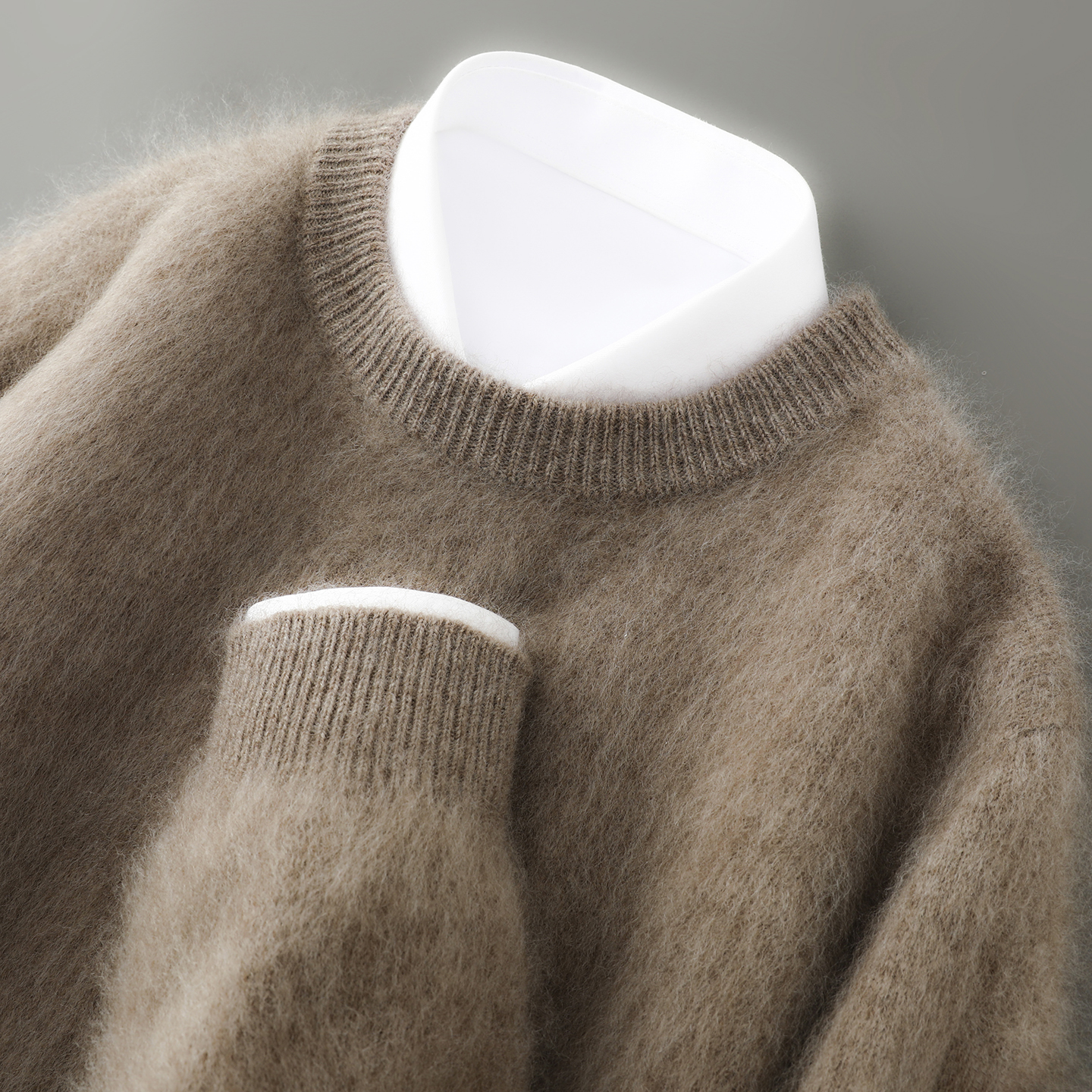 秋冬拉绒纯羊毛衫男半高圆领套头拉毛毛衣宽松加厚针织打底衫