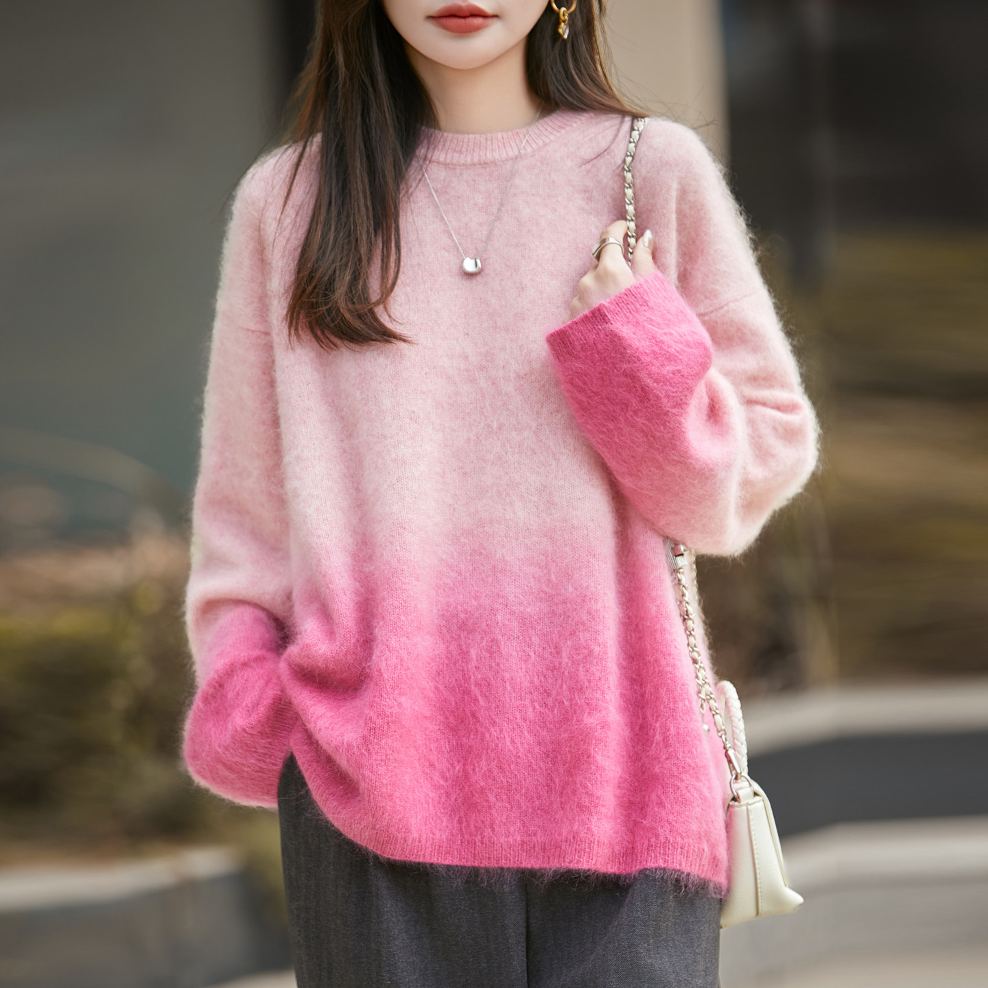 简约风晕染渐变色拉绒羊毛衫女加厚慵懒拉毛毛衣宽松显瘦针织衫