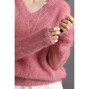 宽松慵懒风羊毛拉绒毛衣女V领花纱宽松拉毛羊毛衫宽松短款针织衫