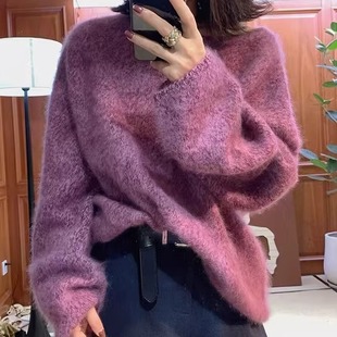 重磅加厚花纱羊毛拉绒圆领针织毛衣秋冬新款慵懒百搭拉毛打底衫