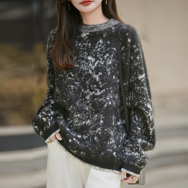 加厚纯羊毛拉绒毛衣女圆领水墨画拼色拉毛针织打底衫宽松慵懒风