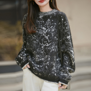 加厚纯羊毛拉绒毛衣女圆领水墨画拼色拉毛针织打底衫宽松慵懒风