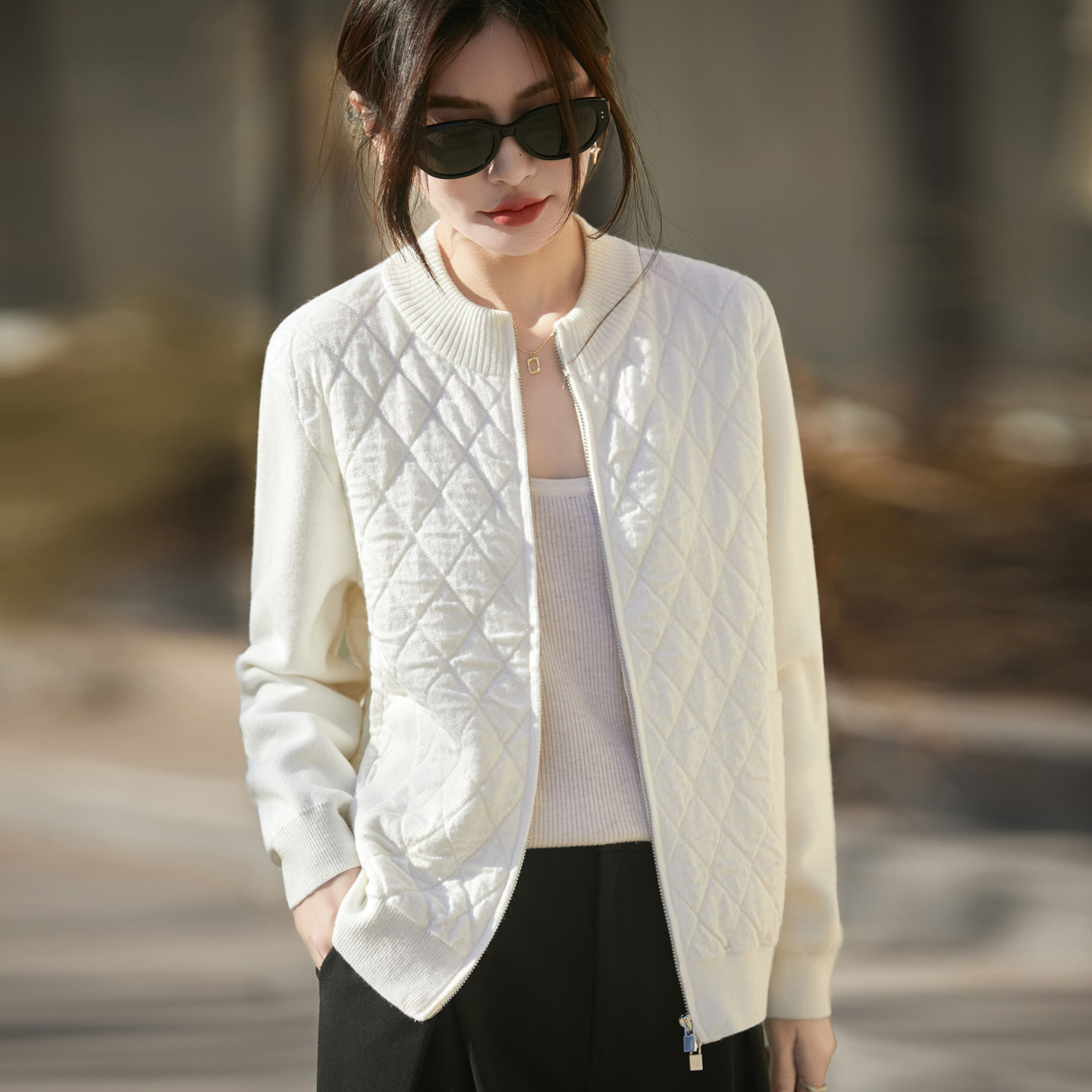 优雅风菱格纹羊毛衫女短款棒球领拉链时尚显瘦外套针织开衫上衣