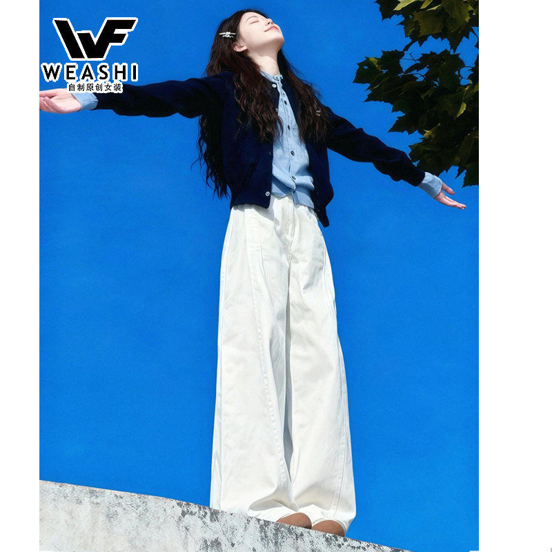 美式白色阔腿工装牛仔裤女2026春季新款设计感宽松直筒弯刀拖地裤