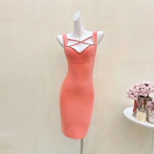 气质名媛性感深V交叉闪钻绷带裙纯欲低胸修身显瘦包臀吊带连衣裙