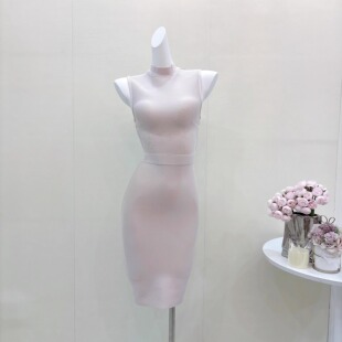 裸粉色气质无袖 显瘦紧身收腰宴会中长裙 立领包臀绷带连衣裙修身