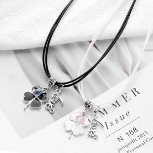 日韩学生四叶草项链一对女 简约森系闺蜜钥匙和锁双层锁骨链吊坠