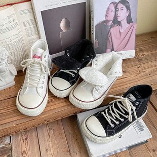 潮款芒果头纯色系帆布女鞋透气休闲百搭加绒显瘦高帮韩版鞋潮包邮