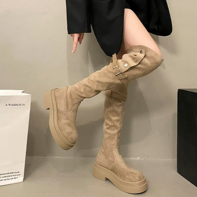 时尚复古百搭两穿绒面厚底长筒靴
