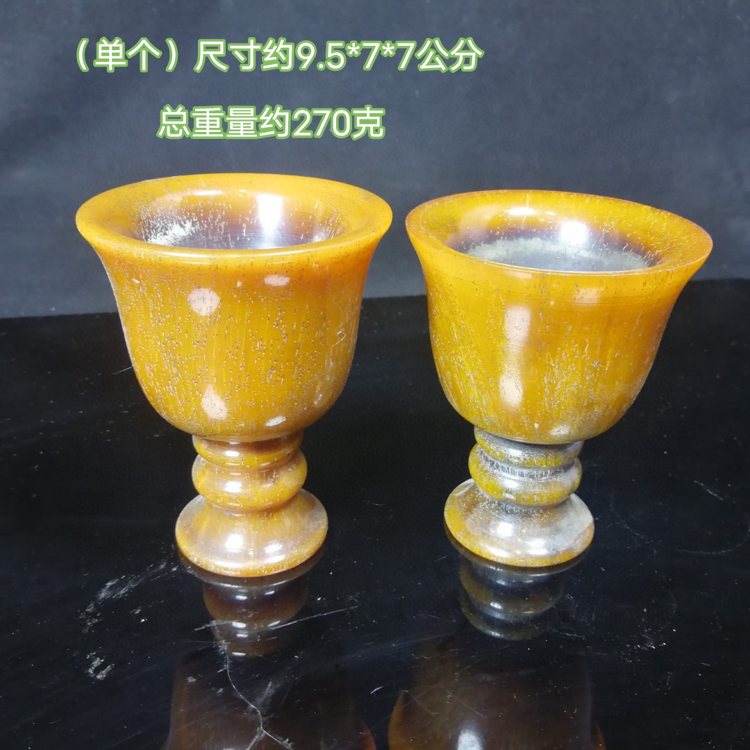 民俗怀旧老物件古玩杂项牛角素雕酒杯爵杯一对居家装饰摆件收藏品
