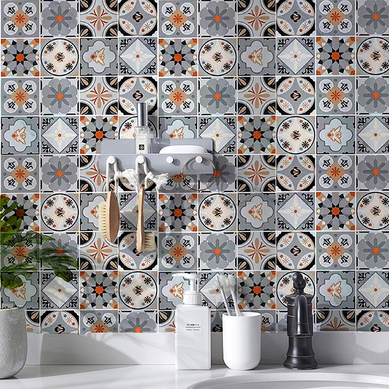 复古风特色民族风釉面墙砖厨房卫生间贴纸橱柜门改造自粘壁纸防水