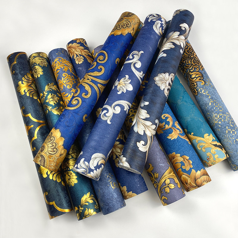 深蓝色3D欧式大花墙纸奢华高档 餐厅酒店美容院 大气背景墙壁纸