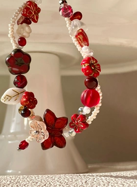 新年来点红红色系手链 原创饰品一只童手作捷克琉璃手链