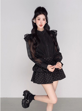 甜美波点蓬蓬黑色蛋糕裙女秋季高腰显瘦a字短裙套装两件套D3231