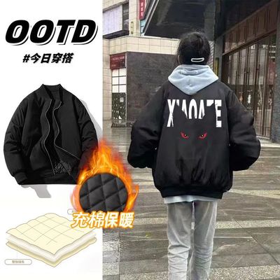 美式vibe印花棒球服秋冬潮牌高街痞帅外套男女情侣飞行员加厚夹克