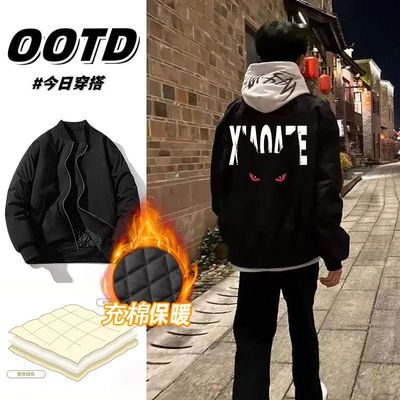 美式vibe印花棒球服秋冬潮牌高街痞帅外套男女情侣飞行员加厚夹克