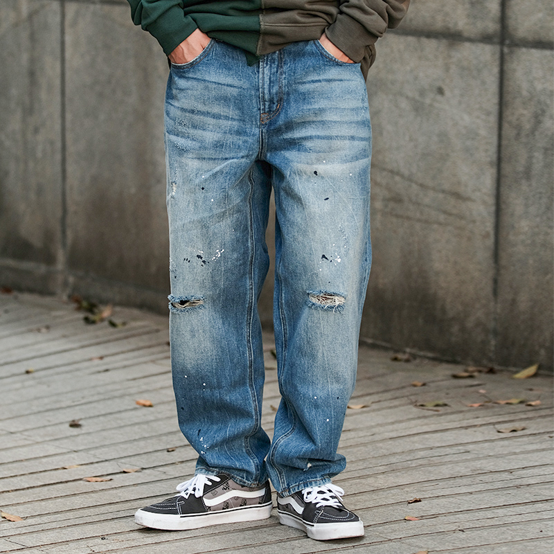 RET22S/S泼墨印花破洞牛仔裤