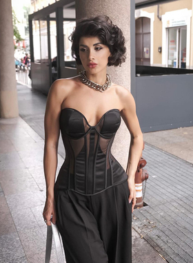 现货法式复古掐腰鱼骨胸衣缎面拼网纱透视钢骨束腰性感抹胸corset
