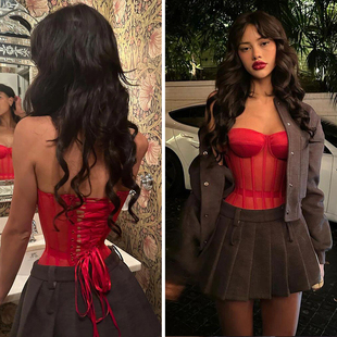万圣节生日跨年性感穿搭perfect红色网纱鱼骨胸衣宫廷束腰corset