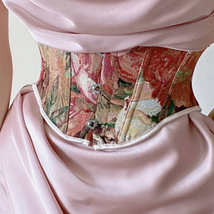 拯救裙子塑身短腰带棉麻牡丹红色复古鱼骨腰封束腰性感温柔风