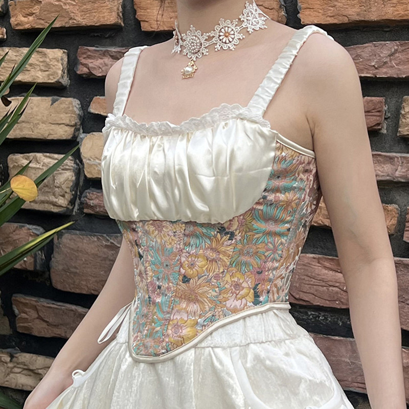 仪式感穿搭纪念日求婚度假公主樱花粉印花浪漫蕾丝边鱼骨胸衣吊带