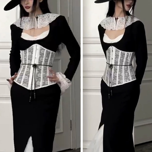 独INDULGE白色蕾丝鱼骨两穿腰封