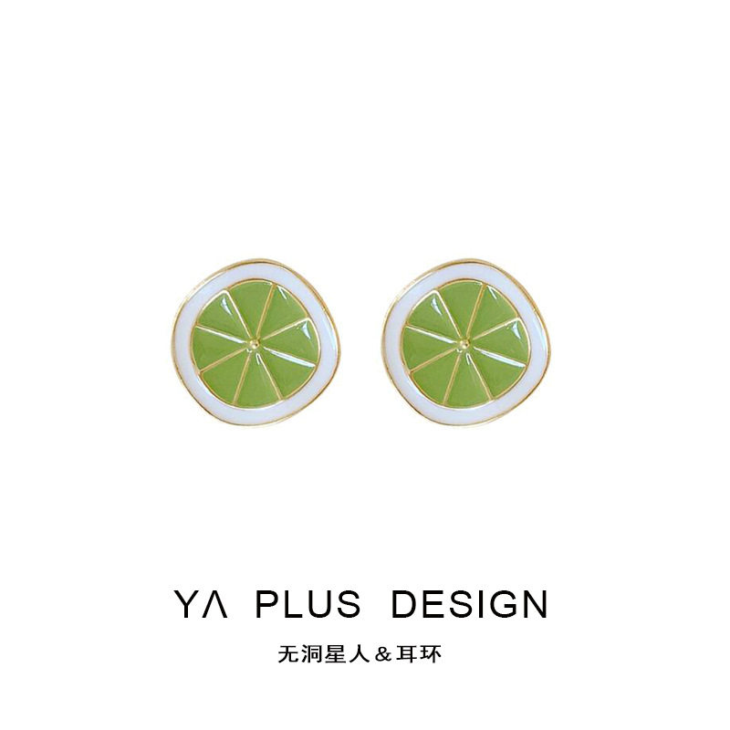 夏季青柠水果小清新耳环绿色小众设计感滴釉网红蚊香盘无耳洞耳夹