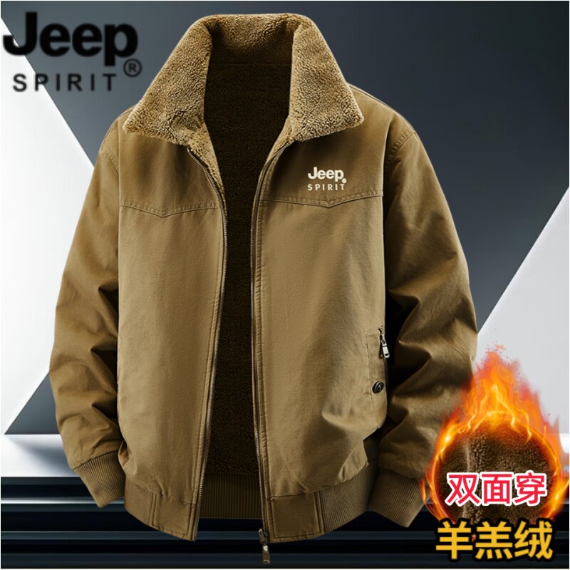 JEEP SPIRIT冬季羊羔绒棉衣男士双面穿工装夹克加绒保暖翻领外套