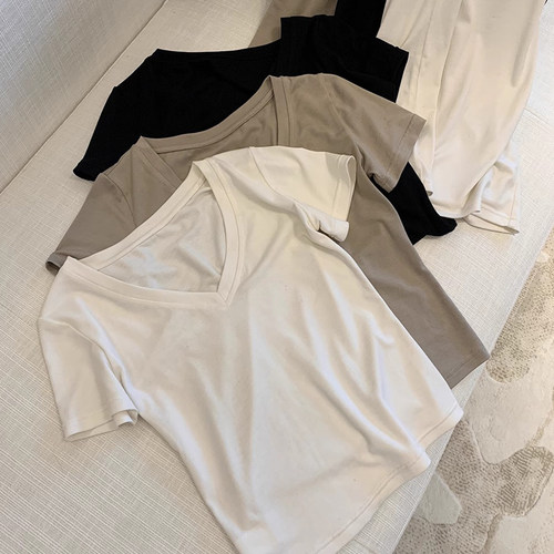 V领软糯仿羊绒百搭基础款短袖