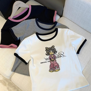樊樊早安 美式甜心卡通印花T恤女春撞色边正肩短款上衣学院感短袖