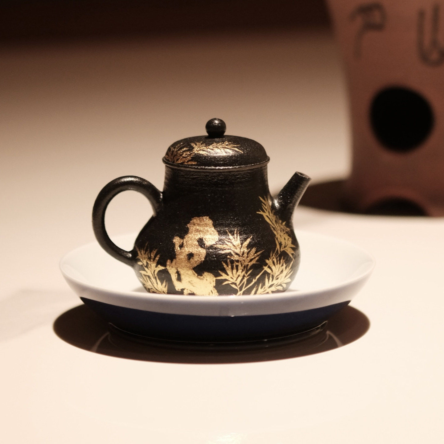 半斋黑地金彩竹石思婷壶景德镇纯手工陶瓷功夫茶具单壶小品泡茶壶
