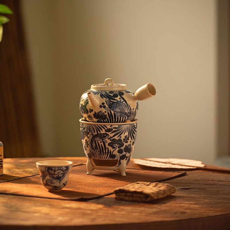 霖松堂围炉煮茶秋意炉组手绘青花鱼藻侧把壶景德镇陶瓷茶具酒精炉