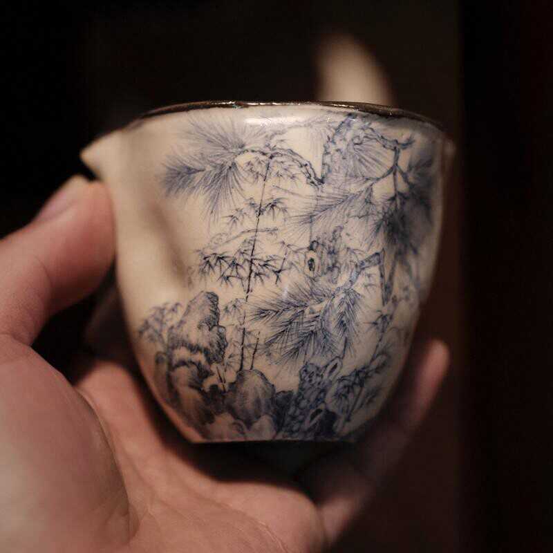 半斋粉引青花手绘竹子松针公道杯景德镇手工陶瓷茶具茶海分茶器