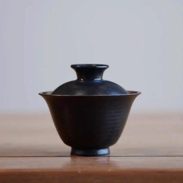 霖松堂鎏金聚缘盖碗景德镇纯手工陶瓷功夫茶具赤黑陶单个泡茶碗