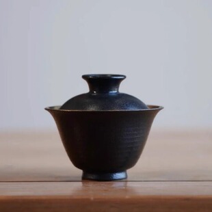 霖松堂鎏金聚缘盖碗景德镇纯手工陶瓷功夫茶具赤黑陶单个泡茶碗