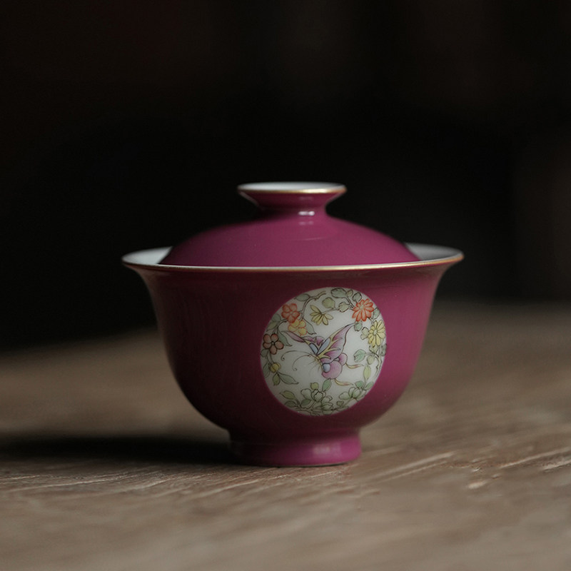 胭脂红蝴蝶花兔子盖碗描金手绘景德镇陶瓷茶具泡茶碗120ml