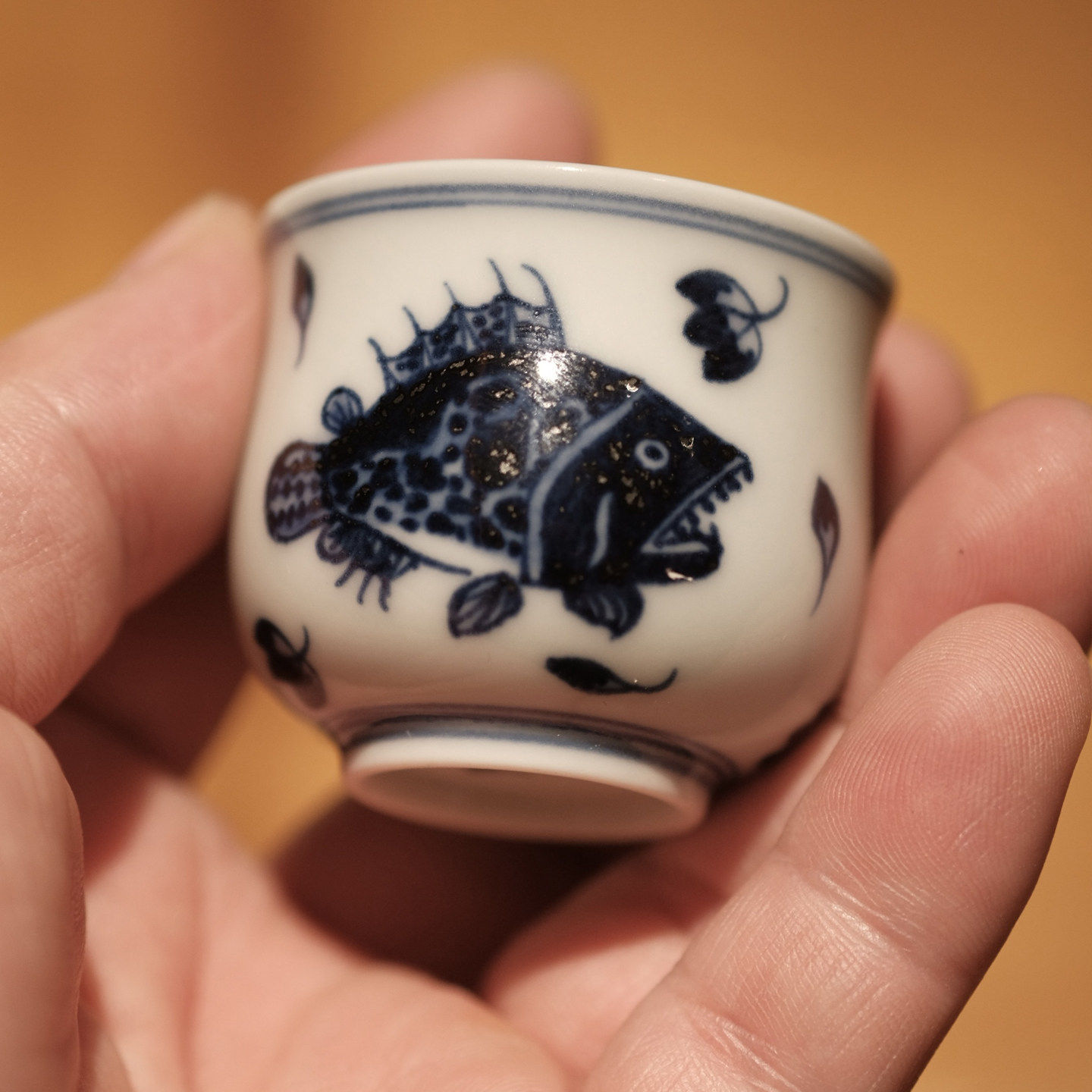 半斋青花手绘桃花鳜鱼茶杯景德镇陶瓷功夫茶具小客杯品茶主人杯