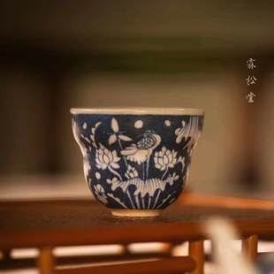 霖松堂草木灰青花福禄杯主人杯景德镇手绘陶瓷茶具养开片茶杯50ml