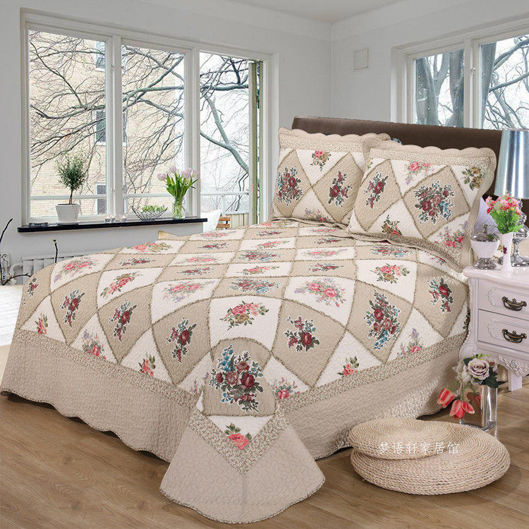美式双面全棉拼布高级床盖绗缝被四件套欧式四季通用床单床罩被套