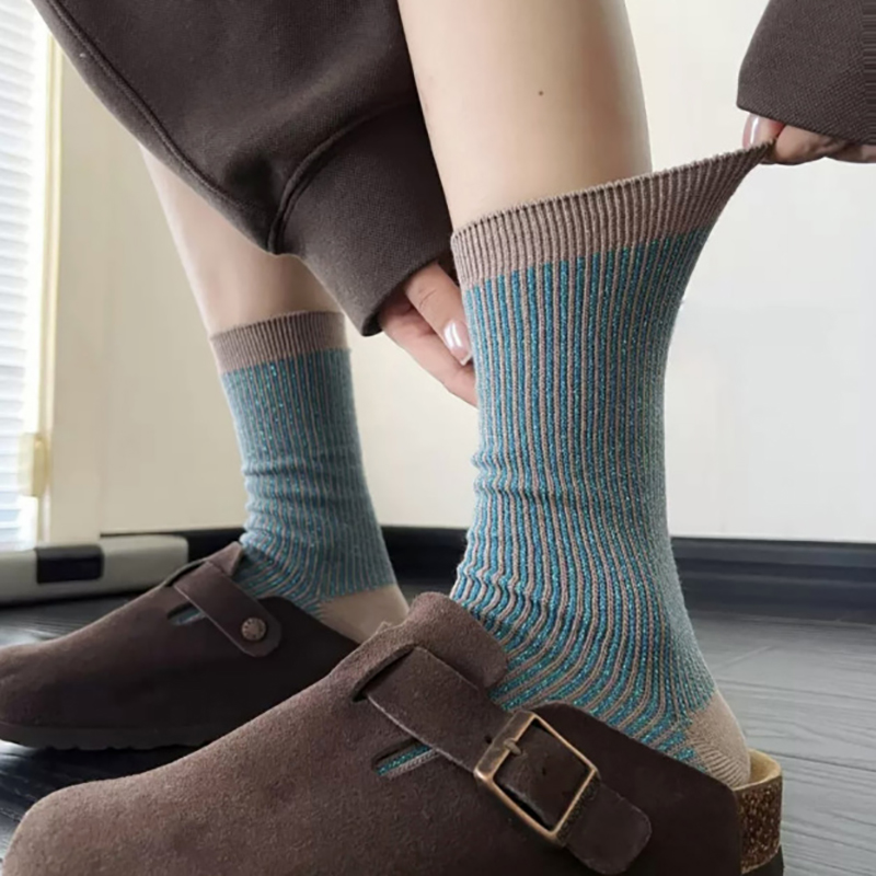 拼色袜子女春秋夏款中筒棉复古金银丝竖条纹ins潮双针双路堆堆袜