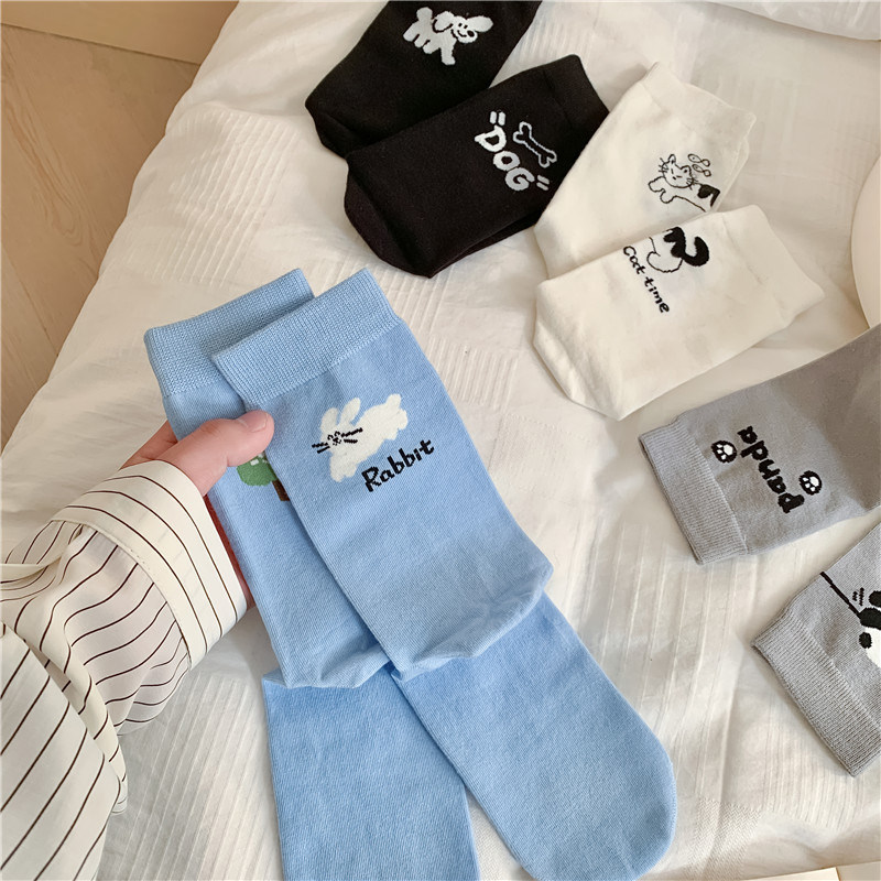 韩版日系春夏ab卡通中筒袜子女小众个性潮袜网红棉袜情侣长袜ins