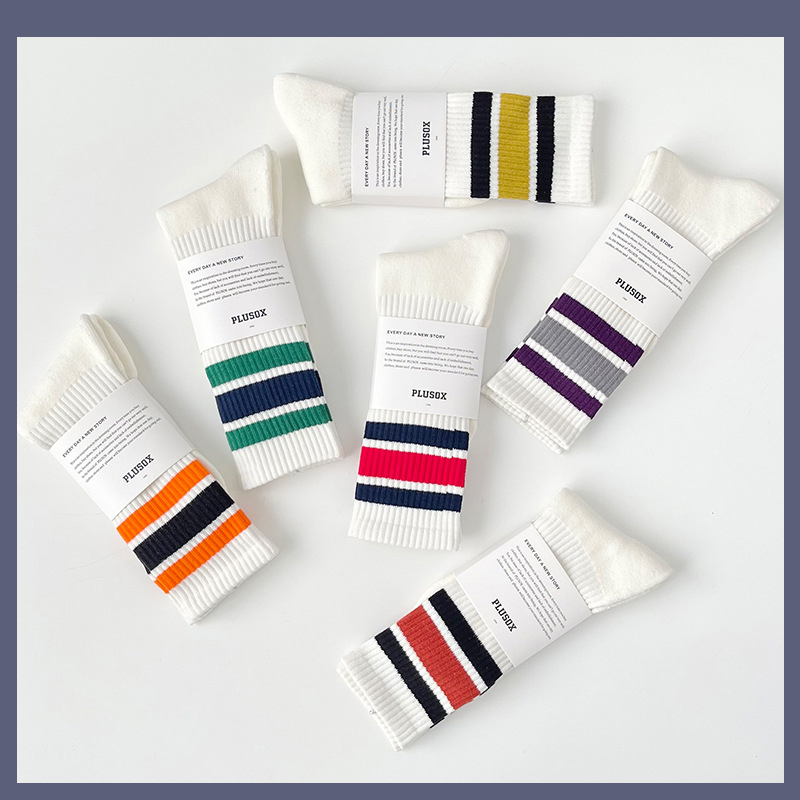 条纹撞色三杠ins滑板运动袜子