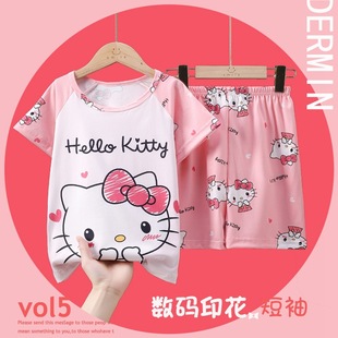 凯蒂猫女童睡衣hellokitty夏季薄款短袖短裤套装可爱家居服牛奶丝