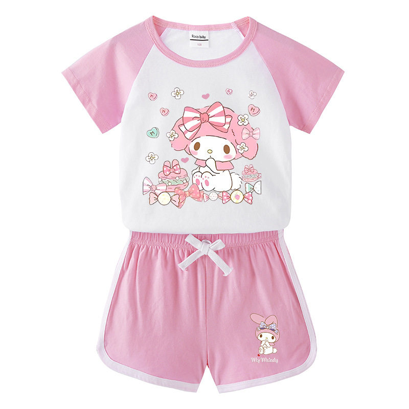 美乐蒂melody女童短袖T恤短裤套装 2024夏季纯棉休闲运动两件套薄