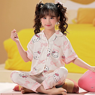 hellokitty女童冰雪丝短袖长裤睡衣薄2023可爱春夏翻领家居服大童