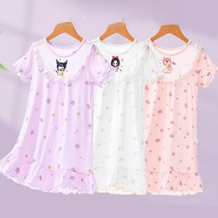 kuromi裙子女童莫代尔睡裙2024夏季卡通睡衣公主风花边领连衣裙薄