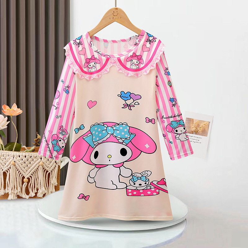 melody女童长袖睡裙卡通薄款宽松牛奶丝连衣裙休闲家居睡衣2024夏