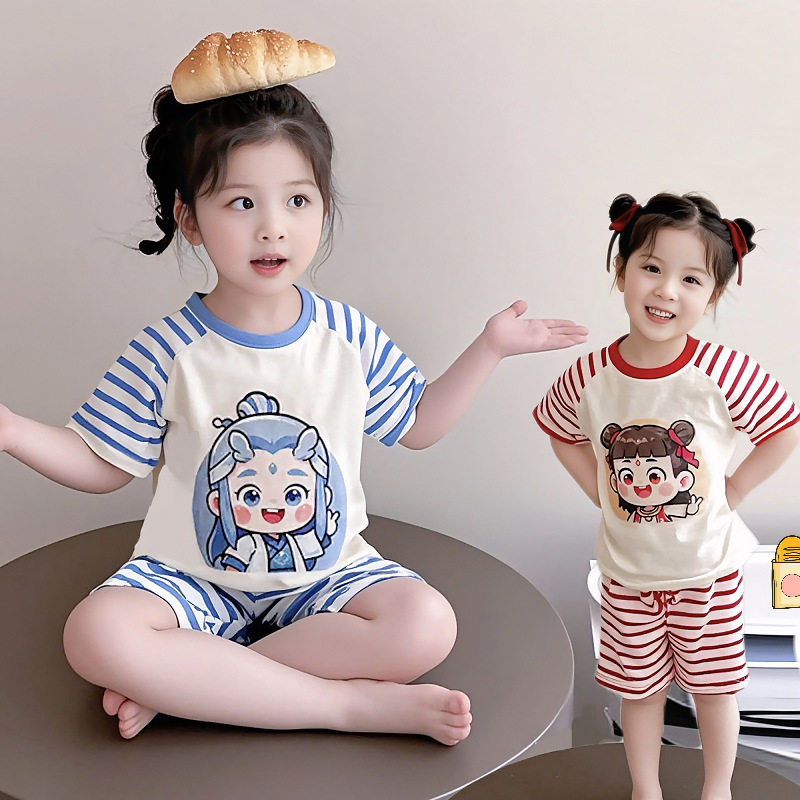 哪吒敖丙男女童短袖睡衣套装2025夏季新款宝宝薄款条纹圆领家居服
